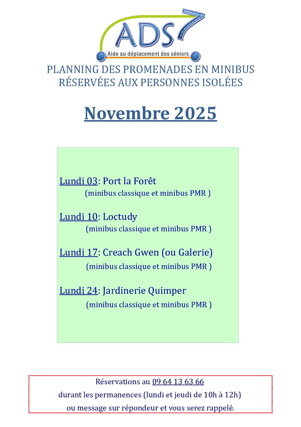 Planning des promenades en minibus réservées aux personnes isolées – Novembre 2025